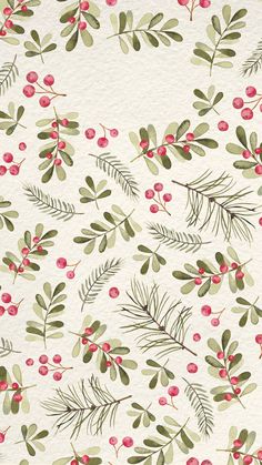 a white wallpaper with red berries and green leaves on the bottom half of it