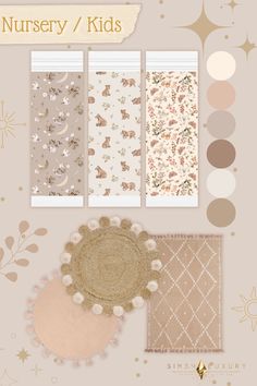 the nursery wallpapers are all different colors and sizes, including pink, brown, beige