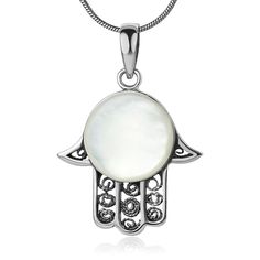 * STAMPED 925 STERLING SILVER - This high quality of hamsa pendant and chain is made from the finest sterling silver as indicated with 925 metal stamp. 925 sterling silver is made from 92.5% silver and 7.5% copper. The copper is added to stabilize the silver so that it can hold its beautiful shape and inlay with mother of pearl for a gorgeous look. * NICKEL AND LEAD FREE - These beautiful pendant and necklace contain absolutely no nickel or lead, making them safe for people with nickel and lead White Spiritual Pierced Jewelry, Hamsa Design, Hamsa Jewelry, Heart Shaped Pendant Necklace, Hamsa Pendant, Pretty Pendant, Daily Jewelry, Hand Of Fatima, Silver Snake Chain