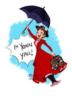 a woman in a red dress holding an umbrella with the words i'm yondu y'all