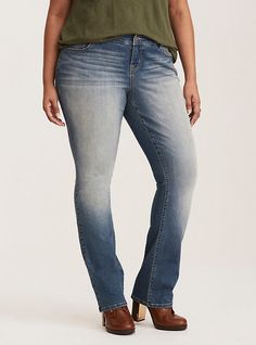 Torrid Barely Boot Jeans - Light Wash with Distress, Colored Jeans Plus Size, Womens Plus Size Fall Colored Denim Jeans Destruct, Mom Jeans And Boots Plus Size, Plus Size Jeans For Big Thighs, Curvy Clothes, All Jeans, Comfortable Jeans, Love Jeans, Boot Jeans