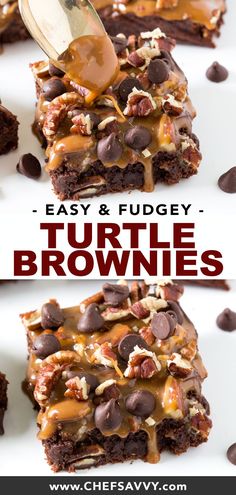 chocolate brownies with caramel drizzle and pecans on top