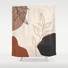 a shower curtain with an abstract design on the side and leaves in brown, black, white