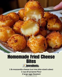 a plate full of fried cheese bites on a green and white plate with the words homemade fried cheese bites