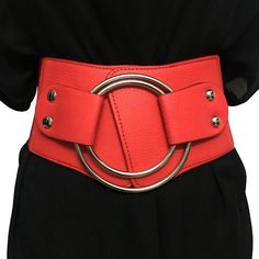 Fashion Elastic Wide Belt Strap Vintage Women Faux Leather Buckle Elastic Wide Belt Strap Solid Belts Vintage, Rock Style Outfits, Diy Leather Projects, Big Ring, Belt Fashion, Wide Waist, Big Rings, Leather Projects, Leather Pattern