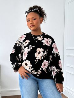 Tween Girls Floral Print Crewneck Sweatshirt Black   Long Sleeve Knitted Fabric Floral,Plants Pullovers Medium Stretch  Tween Girls Extended Size Clothing, size features are:Bust: ,Length: ,Sleeve Length: Girls Sweatshirt, Estilo Hip Hop, Girl Sweatshirts, Long Sleeve Knit, Denim Wash, Black Long Sleeve, Denim Women, Summer Casual, Size Clothing