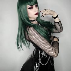 Synthetic Hair Hair Length :24 Inches Long Straight Air Bangs Color :Dark Rooted Green Color 150%-180% Density Wig Cap :22.5” Adjustable None Lace Wig Deep Green Hair, Dark Green Wig, Bangs Color, Green Hair Girl, Subtle Layers, Cute Edgy Outfits, Dark Green Hair, Air Bangs, Goth Hair