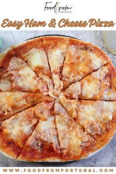 an easy ham and cheese pizza is shown with the title text overlay that says easy ham and cheese pizza