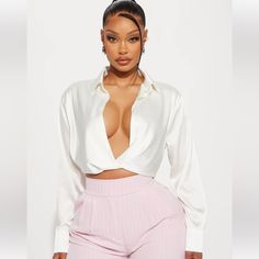 Sexy Ivory Satin Blouse, Brand New, Never Worn, Tag On. Elegant Cream Cropped Tops, Elegant Cropped Cream Top, Elegant Long Sleeve Crop Top For Date Night, Chic Cream Tops For Night Out, Chic Cream Top For Night Out, Elegant Cream Crop Top, Chic Cream Crop Top, Elegant Cropped Shirt, Elegant Crop Top Blouse For Night Out