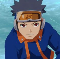 an anime character with goggles and a blue shirt is in the water, staring at the camera