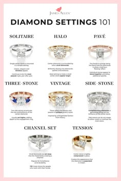 the diamond settings guide for different types of engagement rings and their price tags are shown