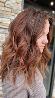 25 Hair Colors That Brunettes Will Love in 2024 | Lookosm Light Auburn Hair With Lowlights, Light Orange Highlights In Brown Hair, Fall Copper Hair Highlights, Brunette To Auburn Balayage, Natural Fall Hair Color, Copper Balayage Light Brown Hair, Light Brown To Copper Balayage, Copper And Brown Balayage, Dark Copper With Blonde Highlights