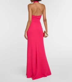 Material: 90% polyester, 10% silk.Care instructions: dry clean.Made in Lebanon.Designer color name: Fuschia.Lining: 100% silk.True to size.Low back.Cinched waist.Non-stretchy fabric.The model seen in the picture is 178cm-5'10' and wearing a size FR 36 Formal Silk Maxi Dress With Flowy Skirt, Fitted Crepe Maxi Dress For Gala, Pink Elastane Evening Dress, Chic Pink Crepe Dress, Crepe Maxi Dress For Wedding, Chic Crepe Wedding Maxi Dress, Chic Wedding Crepe Maxi Dress, Chic Crepe Maxi Dress For Wedding, Cocktail Crepe Maxi Dress