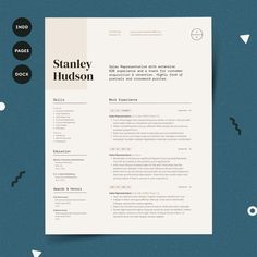 a clean and modern resume template on a blue background with white circles around it,