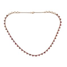 Trillion pink sapphire necklace with round full cut diamonds between each link. Final 2 inches of the back of the necklace are hollow gold trillion shapes. Set in sustainable 14k yellow gold.    * GRW: 20.28gs   * 14k: 18.4cts   * D: 1.3cts   * PS: 8.10cts     Item #: J-3821 Pink Sapphire Necklace, Fall Neutrals, Soft Toothbrush, Sapphire Necklace, Red Stone, Personalized Necklace, Pink Sapphire, Semi Precious Gemstones, Earring Necklace