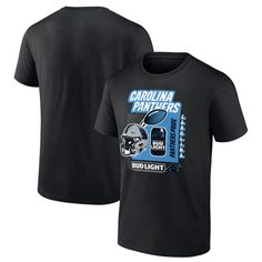 There's certain things that are staples at any game day watch party. This Bud Light T-Shirt illustrates one of them. This shirt features Carolina Panthers colors and team motto, giving it a personalized and unique touch. Sporty Graphic Print Top For Tailgating, Team Spirit Crew Neck Top For Tailgating, Tailgating Team Spirit Crew Neck Tops, Team Spirit Tops For Tailgating With Crew Neck, Fan Apparel Tops For Football Season Tailgating, Sports Fan T-shirt With Team Name For Tailgating, Team Spirit Short Sleeve T-shirt For Tailgating, Team Spirit Tops For Sports Season Tailgating, Team Spirit Tops For Tailgating During Sports Season