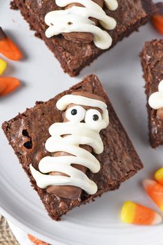 halloween brownies decorated with white icing and candy