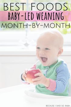 a baby sitting at a table with an apple in front of it and the words best foods for baby - led weaning month by - by - by - month