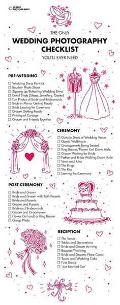 the wedding photography checklist is shown in pink and white, with hearts on it