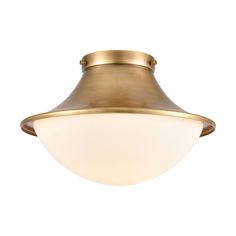 a brass ceiling light with a white glass shade