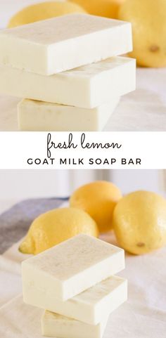 three different soap bars with lemons in the background