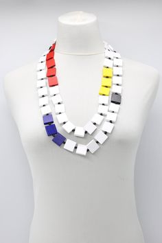 Description 2 x 2 square as colour blocks with 5x6 wooden beads Length: Approximately 140 cm Colours: Red, Yellow, White, Blue, black Product Code NL2028-01 Round Bead Necklace, Art Jewelry Contemporary, Yellow Earrings, Paper Beads, Leaf Necklace, Cord Bracelets, Colour Block, Chandelier Earrings, Wooden Beads