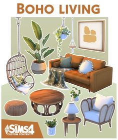 an image of boho living room with furniture and plants on the wall in it