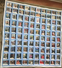 a blue and white quilt with pictures on it