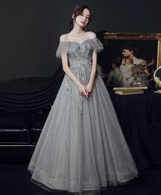 Dark Grey Prom Dress, Graduation Dresses, Ivory Bridal Gown, Long Gown For Wedding, Grey Evening Dresses, Grey Prom Dress, Off Shoulder Evening Dress, Formal Dresses Graduation, Lace Summer Dresses