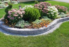 a flower bed in the middle of a yard