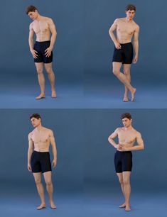 four different poses of a man with no shirt on, wearing black trunks and holding his hands in his pockets