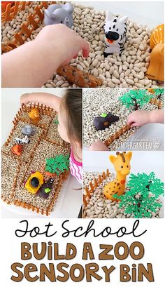 a collage of photos showing how to build a zoo sensory bin