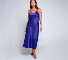 Embrace elegance and comfort with this midi sleep dress in sapphire blue. Perfect for lounging or a sophisticated evening out, this dress features adjustable straps, a V-neck, and a low back for a touch of allure. From Icollection. Sleep Dress, Sleepwear & Loungewear, Sapphire Blue, Low Back, Night Gown, Blue Sapphire, Adjustable Straps, Sapphire, Lounge Wear