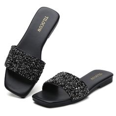 PRICES MAY VARY. 【Chic Look】The Crystal Rhinestone Slides showcase a glamorous aesthetic with their sparkling diamond-like accents. 【Comfortable Fit】 With their contoured footbed, these sandals compliment the natural arch and curves of your feet for enhanced comfort. 【Durable Material】 Constructed with high-quality materials, long-lasting use and can withstand daily wear and tear. 【Versatile Design】 The sleek and stylish design makes these slides an ideal choice for every occasion, from beach ou Black Glitter Sandals, Cheap Rhinestone Sandals For Night Out, Sparkly Chanclas, Bling Slippers, Glamorous Aesthetic, Rhinestone Slides, Sparkle Sandals, Glitter Sandals, Fashion Slippers