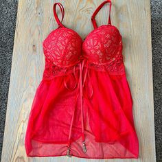 Victorias Secret Very Sexy Red Babydoll Bra Top In Red Size 36d. New With Tag. Red Lace Bra With Adjustable Straps, Adjustable Back Satin Ribbon Bow With Gold Chain Details And Red Mesh And Lace. Very Pretty! #Victoriassecret #Lingerie #Bra #Bridalshowergift #Babydoll Sleepwear Honeymoon Lace Bra Red Lace Bra Intimates Coquette Girl Feminine Romantic Babydoll Sleepwear, Red Lace Bra, Coquette Girl, Feminine Romantic, Romantic Holiday, Satin Ribbon Bow, Red Bra, Lace Strapless, Thigh High Stockings