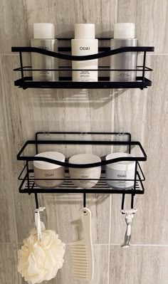 two shelves with hair products on them in a bathroom