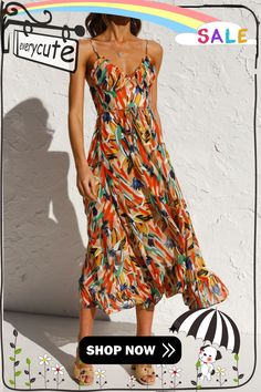 Fashion Print Split Joint Spaghetti Strap Cake Skirt Dresses Spring Maxi Dress With Spaghetti Straps For Summer Parties, Spaghetti Straps Midi Dress For Beach Season Brunch, Multicolor Spaghetti Strap Sundress For Spring, Multicolor Sundress With Spaghetti Straps For Spring, Orange Spaghetti Straps Maxi Dress For Summer, Multicolor Midi Dress With Spaghetti Straps For Summer, Midi Sundress For Summer Parties, Casual Multicolor Sundress For Summer Parties, Orange Sundress With Spaghetti Straps For Summer