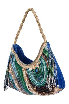 Blue agate bag with all over abstract crystal, beads embellishments in vivid shades and twisted, embellished handle. - Aza Fashions Luxury Blue Embellished Shoulder Bag, Chic Embellished Blue Bag, Chic Blue Embellished Bag, Blue Beaded Shoulder Bag As Fashion Accessory, Designer Embellished Multicolor Bags, Designer Multicolor Embellished Bags, Blue Bohemian Bag For Evening, Blue Bohemian Evening Bag, Fancy Purses