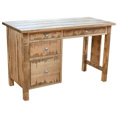 a wooden desk with two drawers on each side and one drawer at the top that is open