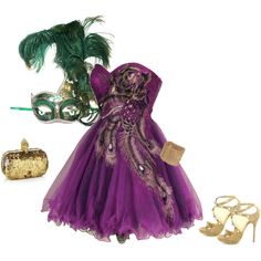 a woman's purple dress and accessories including a mask, feathered purse, gold clutch