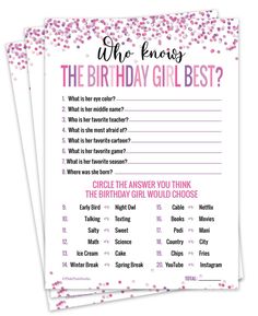 two birthday party games with pink confetti on them