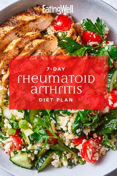 a white plate topped with meat and veggies next to a red sign that reads 7 - day rheumaatod ar ages diet plan