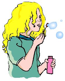 a drawing of a woman blowing bubbles with a pink bottle in front of her face