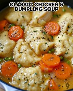 chicken dumpling soup with carrots and peas