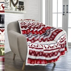 a red and white blanket sitting on top of a chair