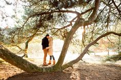 an engaged couple standing under a tree in the woods