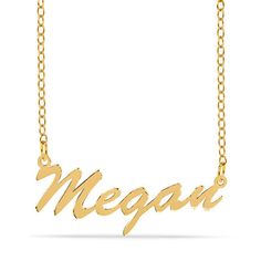 The style is in the spelling with this on-trend personalized necklace. Created in sterling silver with 14K gold plate, this elegant design showcases the name of your choice - between three and 10 characters in length - sculpted in a flowing script font. Polished to a bright shine, this moniker suspends centered along an 18.0-inch cable chain that secures with a spring-ring clasp. 14k Gold Custom Name Necklace, Classic Yellow Gold Name Necklace For Mother's Day, Classic Personalized Pendant Name Necklace, Classic Pendant Name Necklace For Personalized Gift, Classic Initial Pendant Name Necklace, Classic Gold Nameplate Necklace, Elegant Nameplate Charm Necklace, Customizable Signature Nameplate Necklaces, Customizable Signature Nameplate Necklace