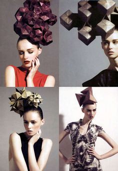 Cubed Cranium Couture Photos  House of Architects Millinery are a seriously elusive design house but they produce some crazy and wonderful hat designs. These origami-inspired hats by House of Architects Millinery Mode Origami, Origami Hat, Architectural Fashion, Origami Fashion, Sculptural Fashion, Geometric Fashion, Sepang, Paper Fashion, Paper Dress