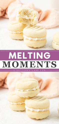 the words melting moments are in front of some cookies with frosting on them and one is