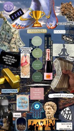 a collage of different items including money, pictures and words on the side of it